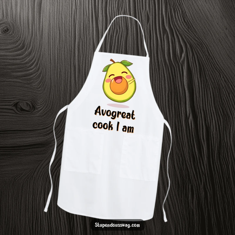Funny avocado apron with a laughing avocado pit escaping its fruit and doing a tiny somersault. Humorous and practical kitchen wear.