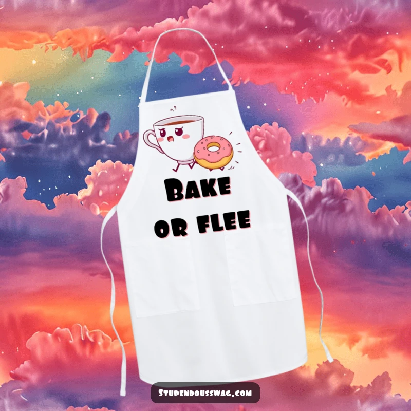 Funny Teacup Donut Chase Apron: A startled teacup flees from a determined rolling donut.