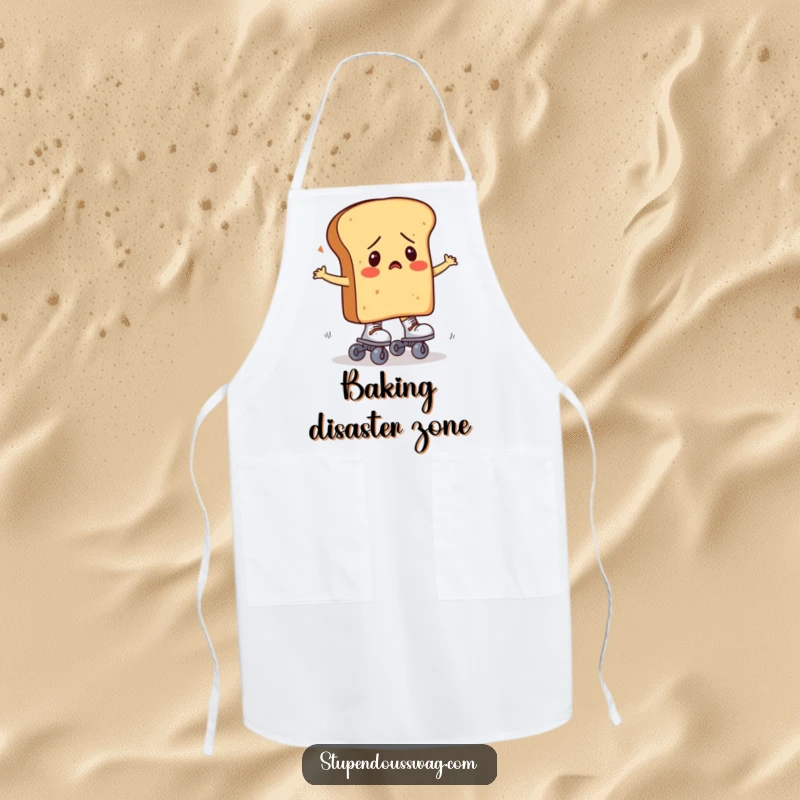 Confused loaf of bread trying to wear roller skates, a cute and practical apron for kitchen use.