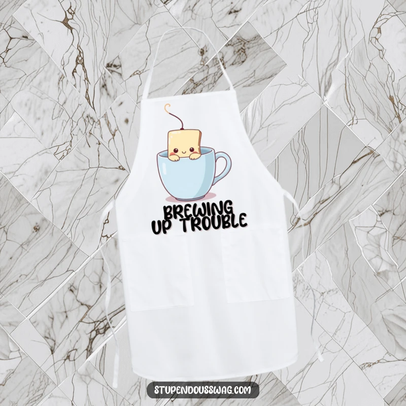 Funny apron with a shy teabag graphic peeking from a steaming mug, perfect for kitchen humor and tea lovers.