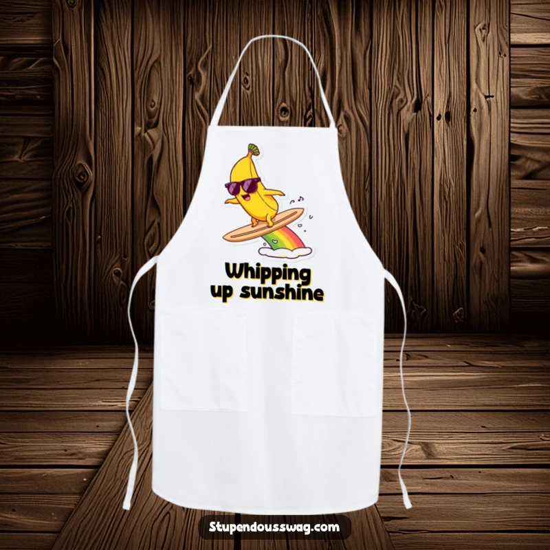 Funny apron showcasing a banana in sunglasses, surfing a rainbow, ready to bring fun to cooking.