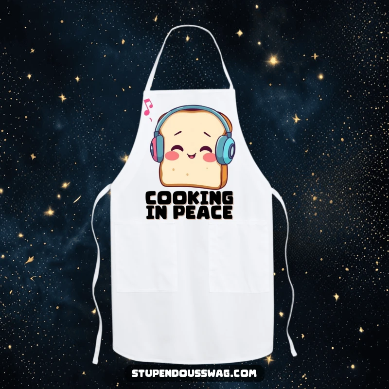 Funny apron showing a slice of bread wearing earmuffs, comically struggling to hear music in the kitchen.