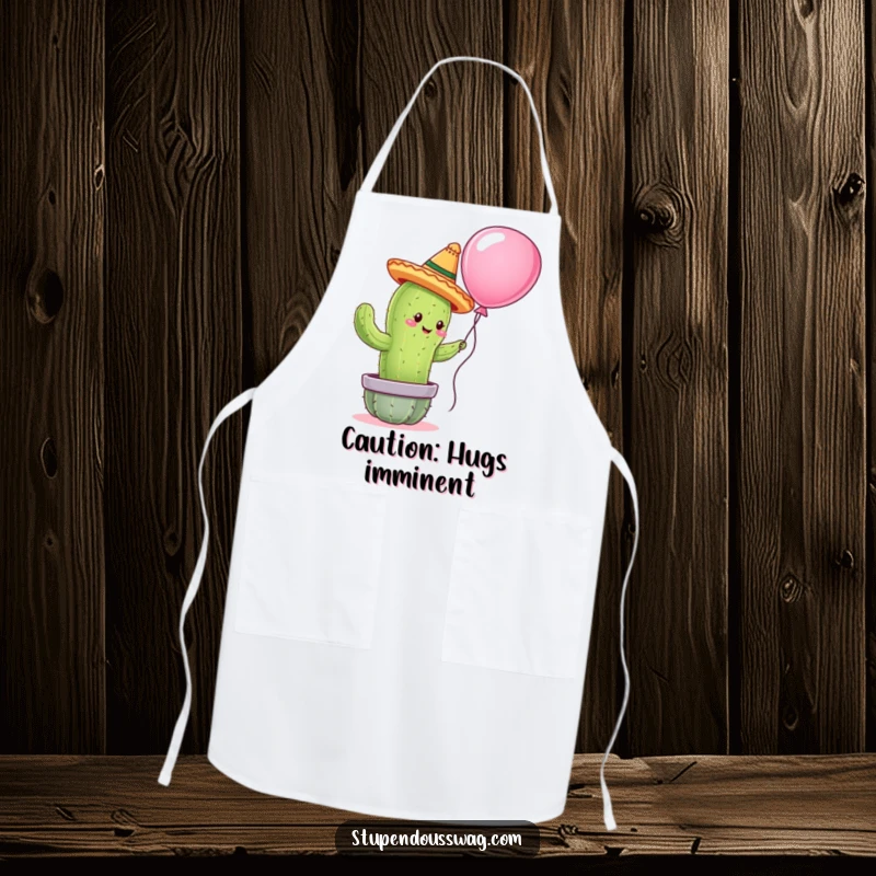 Funny apron depicting a cactus wearing a tiny sombrero attempting to hug a balloon, great for kitchen fun and protection with humor.