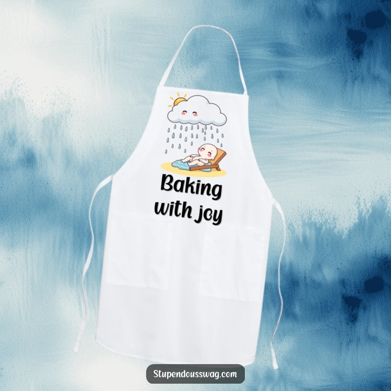 Funny Apron: A playful cloud raining giggling raindrops onto a sunbather, ready for cheerful kitchen fun.