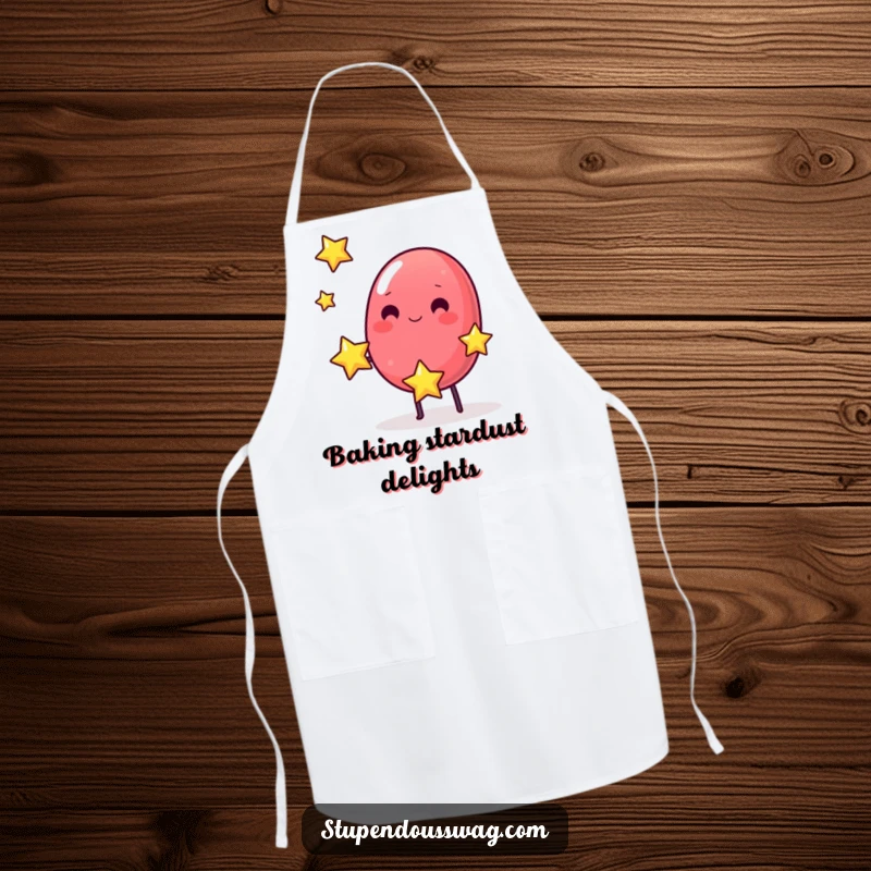 Funny apron with a wobbly jelly bean juggling three small bouncing stars, ideal for a humorous cooking experience.