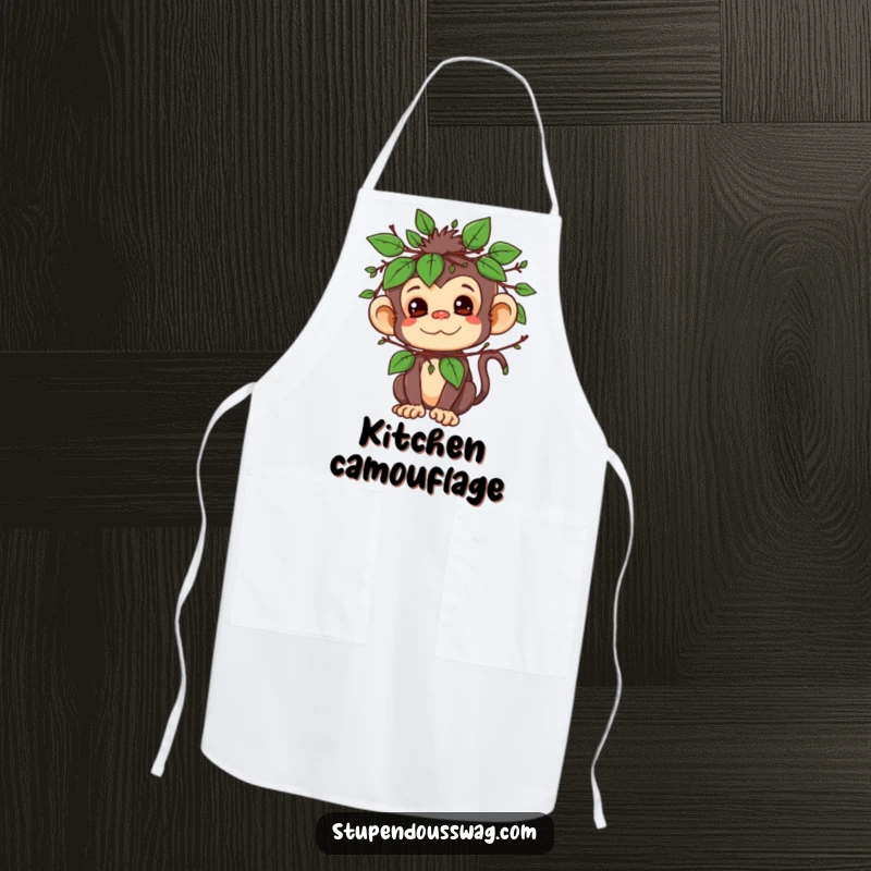 Funny apron featuring a mischievous monkey character in a leafy disguise, ready for kitchen antics.