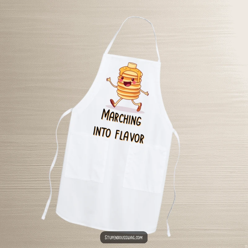Funny apron featuring a cheerful, wobbly stack of pancakes humorously marching, perfect for adding a fun touch to cooking or baking.