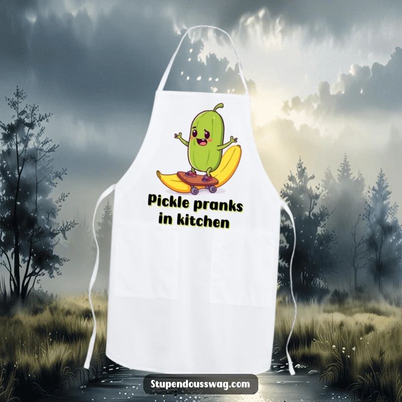Funny apron with a mischievous pickle skateboarding down a banana peel, ideal for a humorous and daring cooking experience.