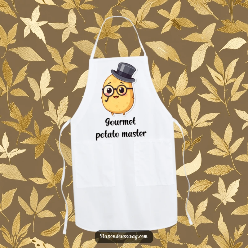 Funny apron depicting a potato in a monocle and top hat, ideal for kitchen enthusiasts who appreciate sophisticated and humorous cooking attire.