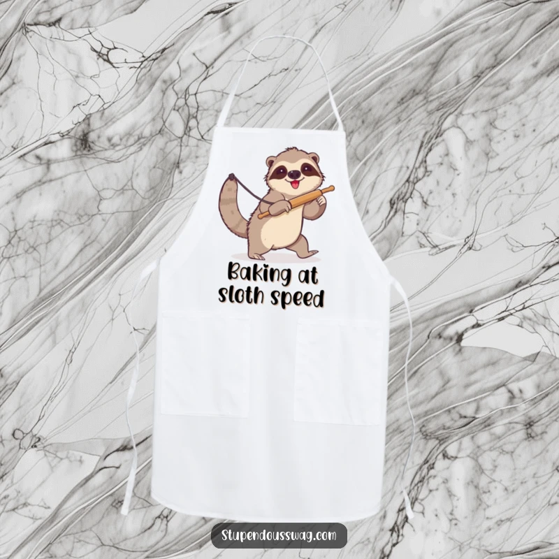 Funny sloth apron with a clumsy sloth attempting to lasso a runaway rolling pin. Humorous and practical kitchen wear.