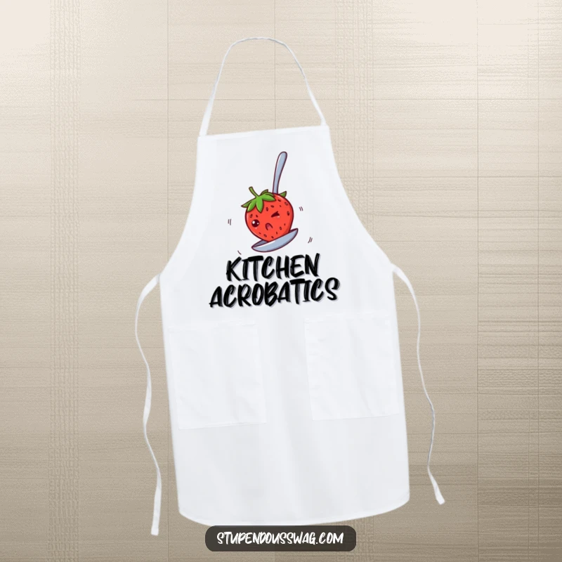 Funny apron depicting a bewildered strawberry spinning rapidly on an upside-down spoon, ideal for chefs who enjoy humorous and whimsical kitchen wear.