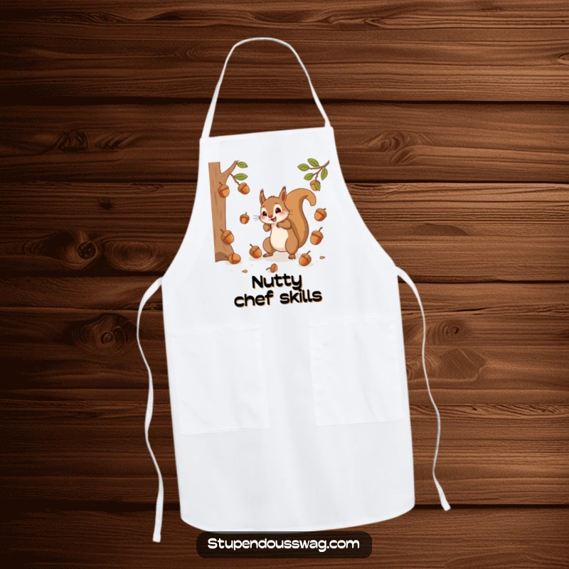 An apron showcasing a frantic squirrel attempting to catch bouncing acorns, ensuring kitchen protection with a dash of woodland humor.