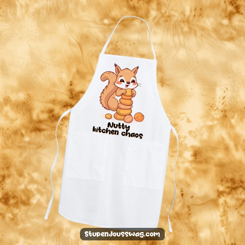 Funny apron depicting a clumsy squirrel balancing a stack of nuts, ideal for kitchen enthusiasts who appreciate humorous and nature-themed cooking attire.