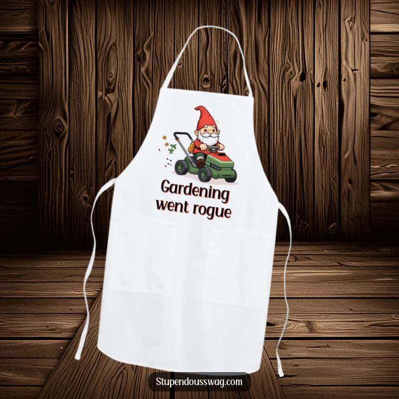 Funny Apron: A garden gnome looking confused while riding a runaway lawnmower, ready for messy garden fun.