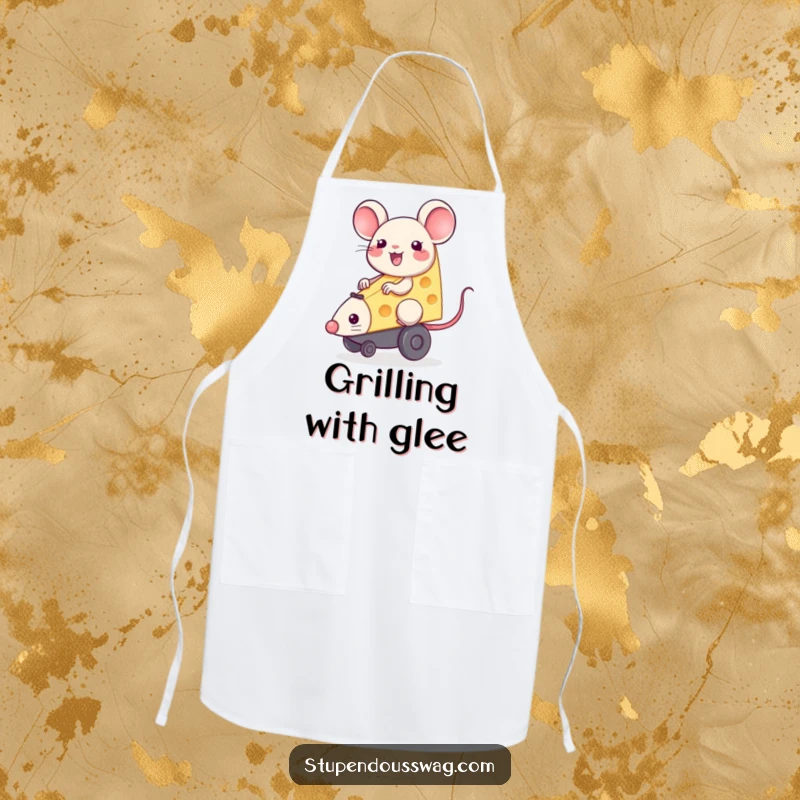 Happy piece of cheese riding a squeaky toy mouse, a cute and practical apron for kitchen use.