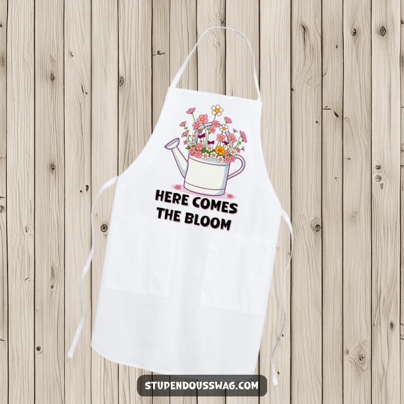 Funny apron with a giggling watering can graphic spilling an abundance of tiny flowers, perfect for kitchen humor.