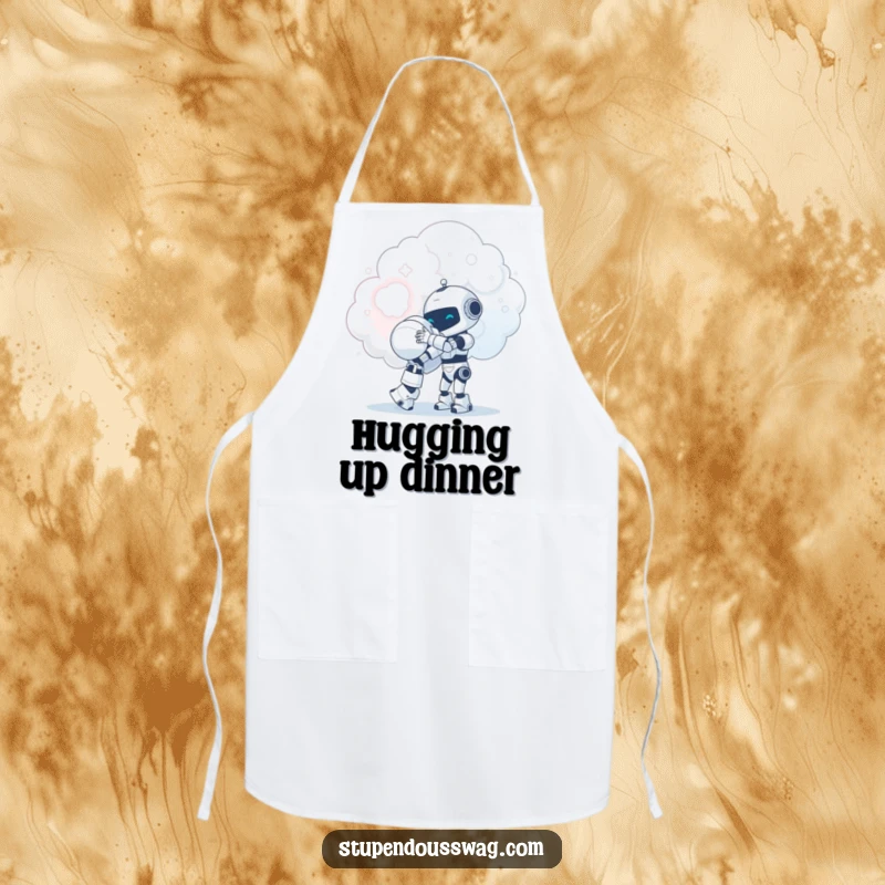 Funny tiny robot giving a giant hug to a fluffy cloud, printed on an apron, ideal for a cook with a sweet disposition.
