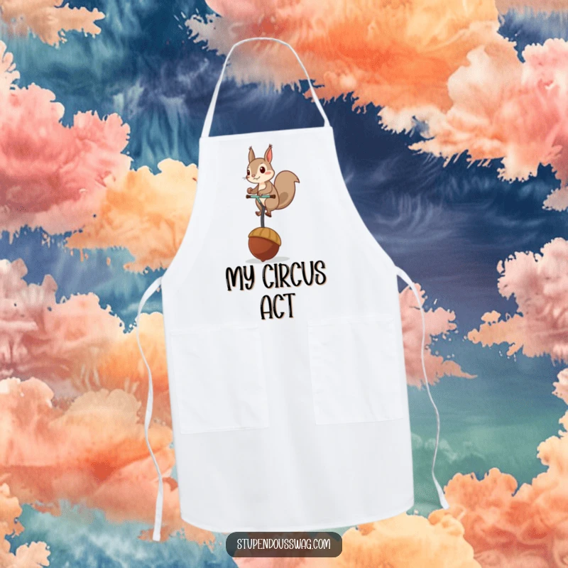 Funny apron depicting a mischievous squirrel balancing on a giant acorn unicycle, great for kitchen fun and protection with humor.