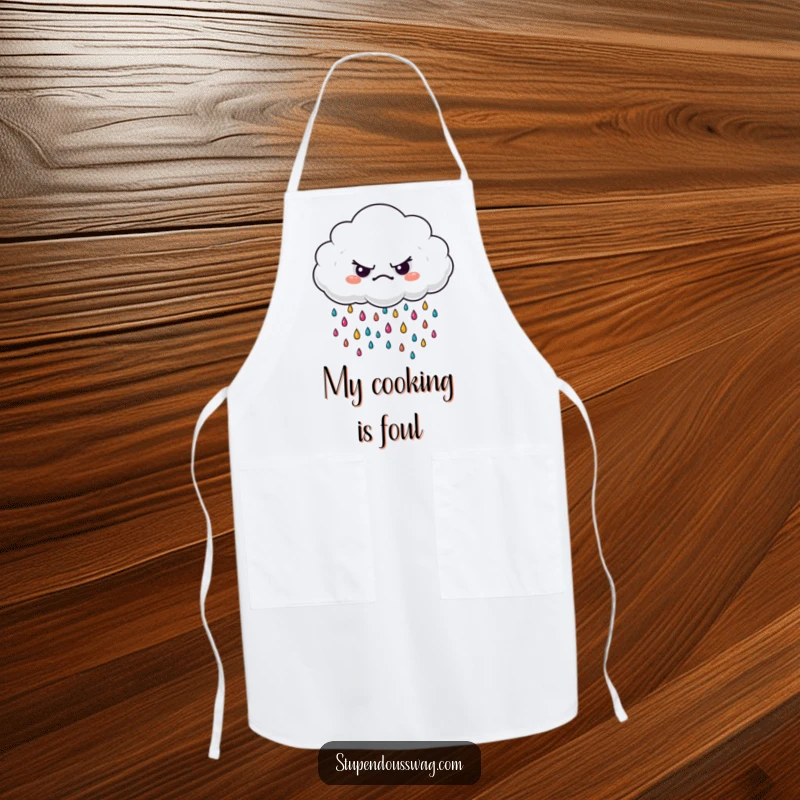 Funny grumpy cloud apron, designed with miniature, bright raindrops, adding a humorous and colorful element to kitchen wear.