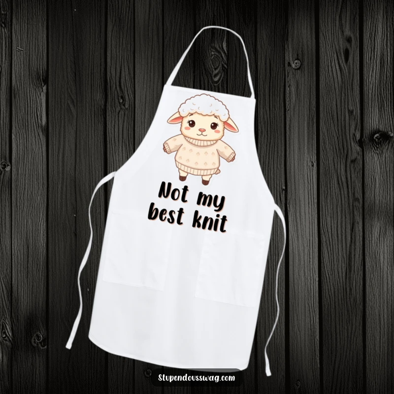 Funny sheep apron with a confused fluffy sheep wearing its sweater inside out. Humorous and practical kitchen wear for bakers and cooks.