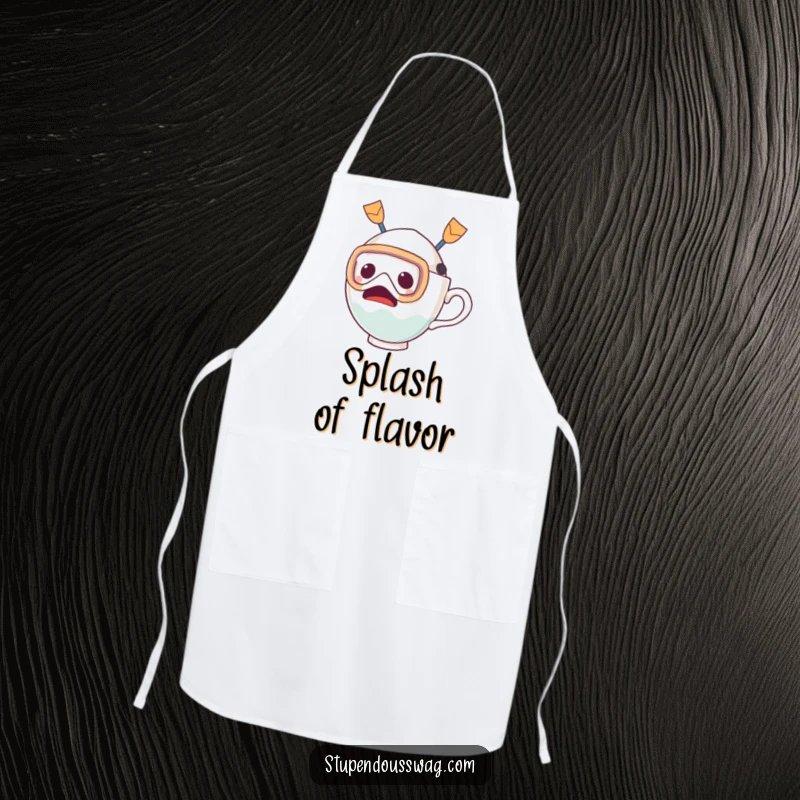 Funny apron featuring a startled teacup character equipped with a diving mask and fins, humorously ready to dive into culinary creations.