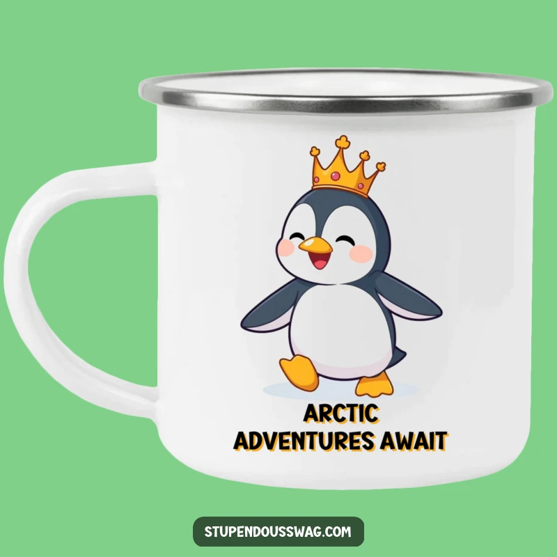 Funny Penguin King Camping Mug: Royal Flight Adventure - Hilarious Outdoor Gift