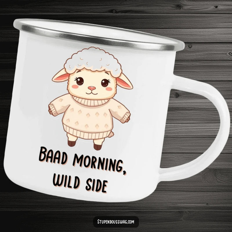 Funny sheep camping mug showing a confused fluffy sheep with its sweater worn inside out. Durable and humorous drinkware for adventurers.