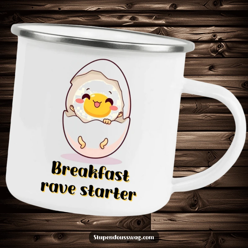 Funny camping mug showing a startled egg cracking open with tiny dancing legs, ideal for outdoor humor.