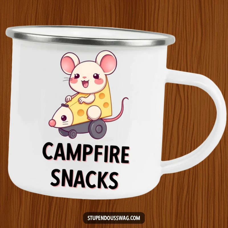 Happy piece of cheese riding a squeaky toy mouse, a durable camping mug for outdoor enthusiasts.