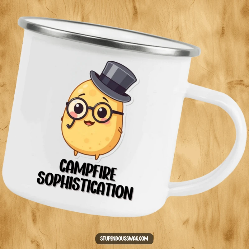 Funny camping mug illustrating a potato with a monocle and top hat, ideal for outdoor enthusiasts seeking a blend of durability and sophisticated humor.