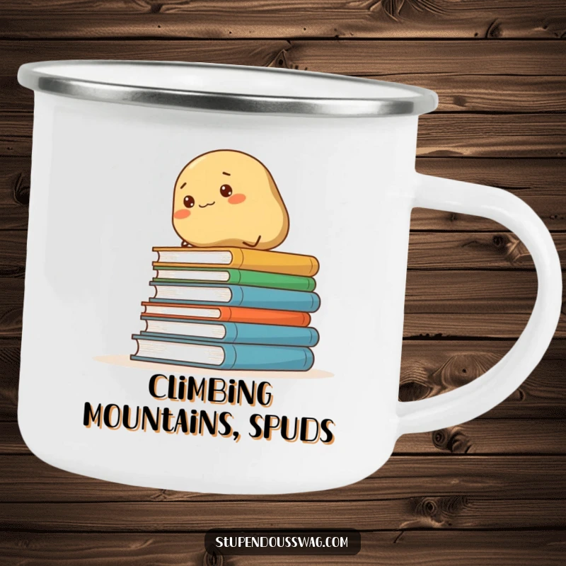 Funny camping mug depicting a determined potato climbing a stack of books, perfect for outdoor reading and humor.