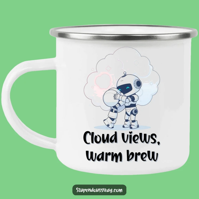 Funny Robot Cloud Hug Camping Mug: Tiny Robot Outdoors, Cute Gift