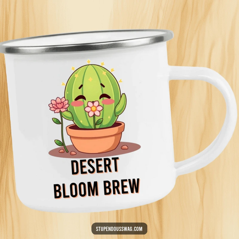 Funny shy cactus camping mug with a nervous plant offering a flower, a durable and humorous outdoor gift.
