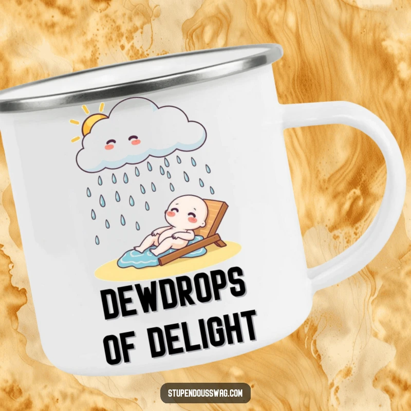 Funny Camping Mug: A playful cloud raining giggling raindrops, humorous outdoor design.