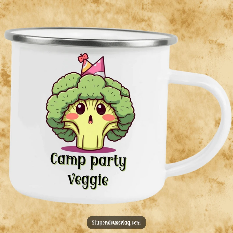 Funny camping mug with a surprised broccoli head wearing a party hat, offering humorous companionship on outdoor adventures.