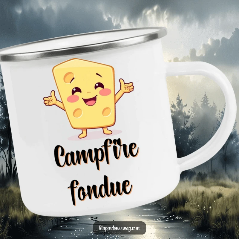 Funny dramatic cheese camping mug with a smiling cheese wedge striking a theatrical pose for outdoor enjoyment.