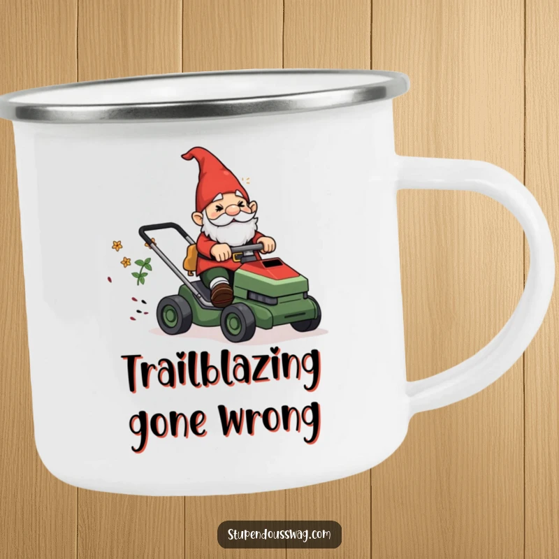 Funny Camping Mug: A garden gnome confusedly riding a runaway lawnmower, humorous outdoor design.