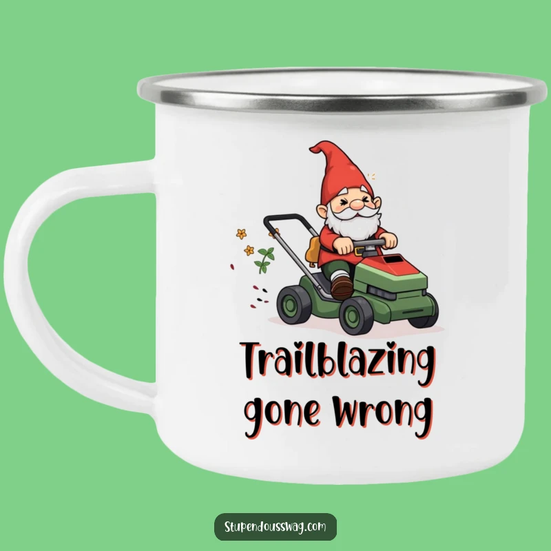 Funny Gnome Lawn Mower Camping Mug: Garden Mayhem on the Go, Outdoor Gift