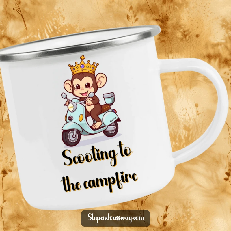 Funny Monkey King Camping Mug with a crowned monkey riding a tiny ornate scooter, ideal for adventurous royalty.