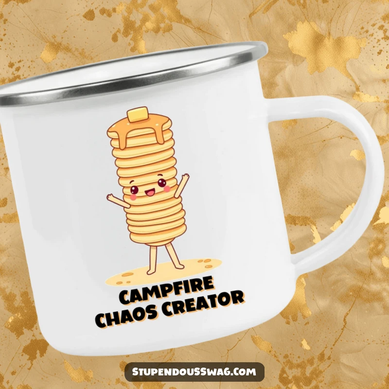 Funny camping mug showing a wobbly stack of pancakes attempting a handstand, ideal for outdoor humor.