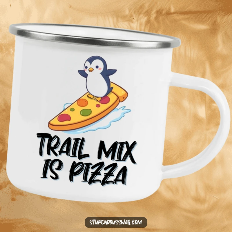 Funny camping mug showing a tiny penguin surfing a giant slice of pizza, great for adventurers who appreciate a touch of humor.