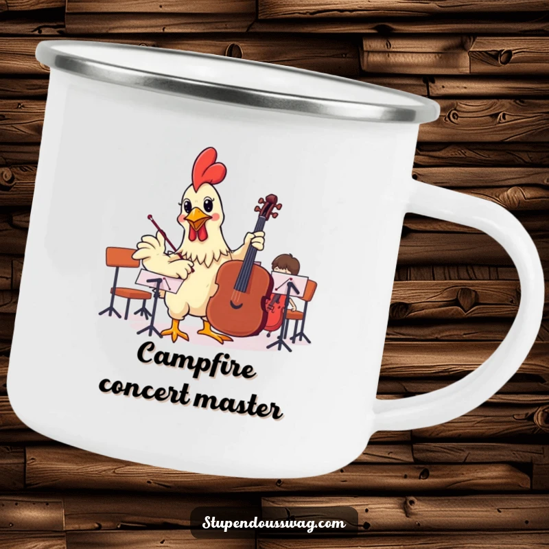 Funny camping mug showing a rubber chicken attempting to conduct an orchestra, perfect for enjoying beverages on outdoor trips with a musical twist.