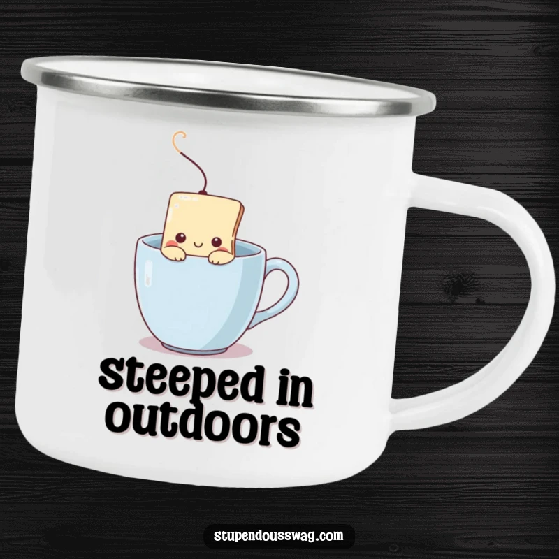 Funny camping mug with a shy teabag peeking from a steaming mug, perfect for cozy and quiet outdoor sips.