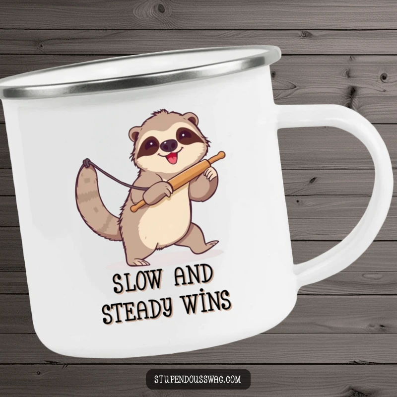 Funny sloth camping mug showing a clumsy sloth attempting to lasso a runaway rolling pin. Durable and humorous drinkware for outdoor enthusiasts.