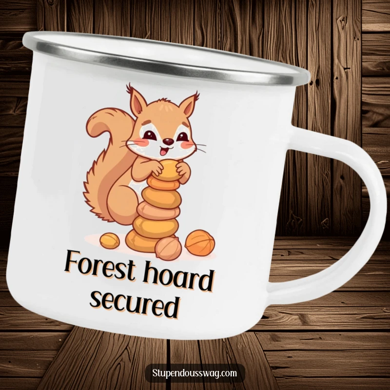 Funny camping mug illustrating a clumsy squirrel balancing a stack of nuts, ideal for outdoor enthusiasts seeking a blend of durability and woodland humor.