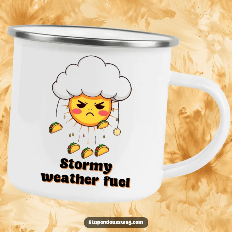 Funny camping mug showing a grumpy cloud raining tacos on a confused sun, perfect for outdoor enjoyment with a humorous design.