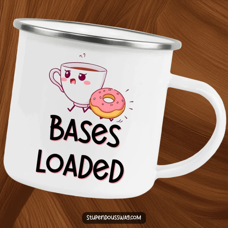 Funny Teacup Donut Chase Camping Mug: A startled teacup flees from a rolling donut.