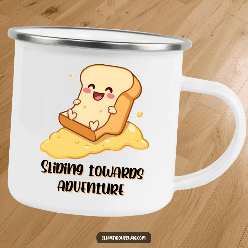 Funny camping mug featuring a bread loaf comically sliding down a buttered slope, ideal for outdoor enthusiasts.