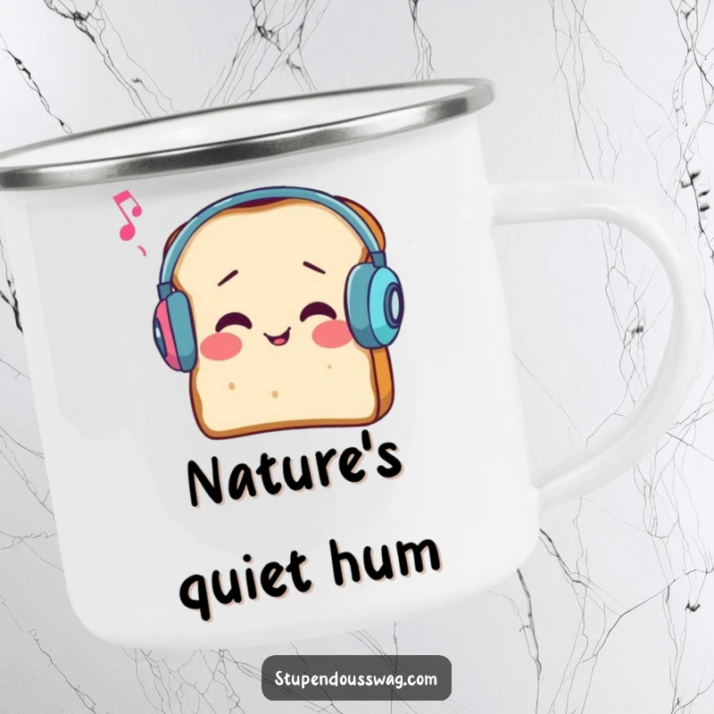 Funny camping mug with a slice of bread wearing earmuffs, comically struggling to hear music outdoors.