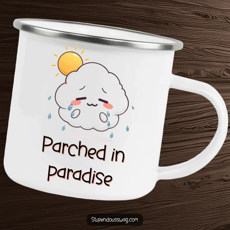 Funny camping mug showing a nervous, sweating cloud on a sunny day, ideal for outdoor humor and warm drinks.